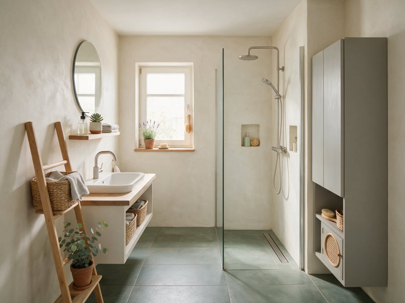 Ruhig gestaltetes, kompaktes Badezimmer mit bodengleicher Dusche, grüngrauen Fliesen und natürlichem Licht