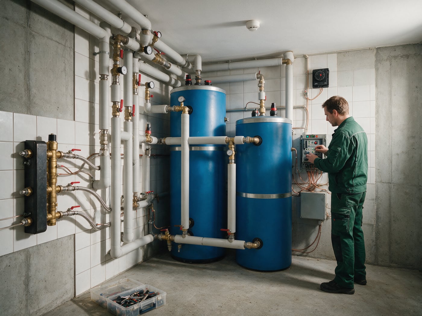 Sauber installierter Technikraum mit Speichern und gedämmten Rohrleitungen
