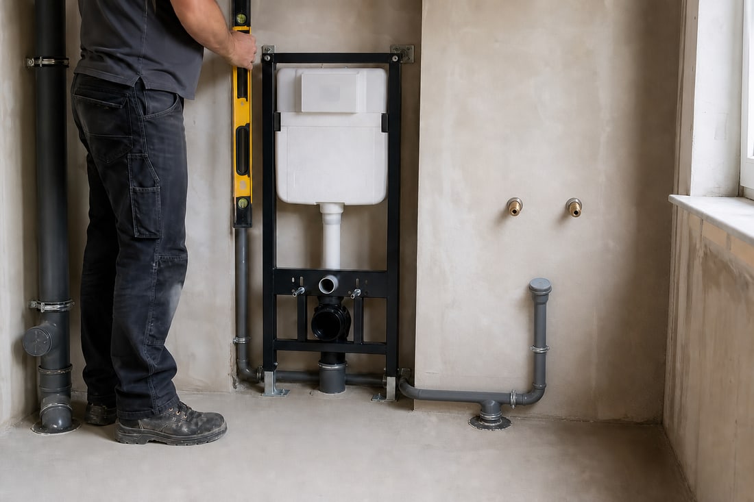Sanitär-Rohinstallation mit WC-Vorwandelement und getrennten Waschtischanschlüssen