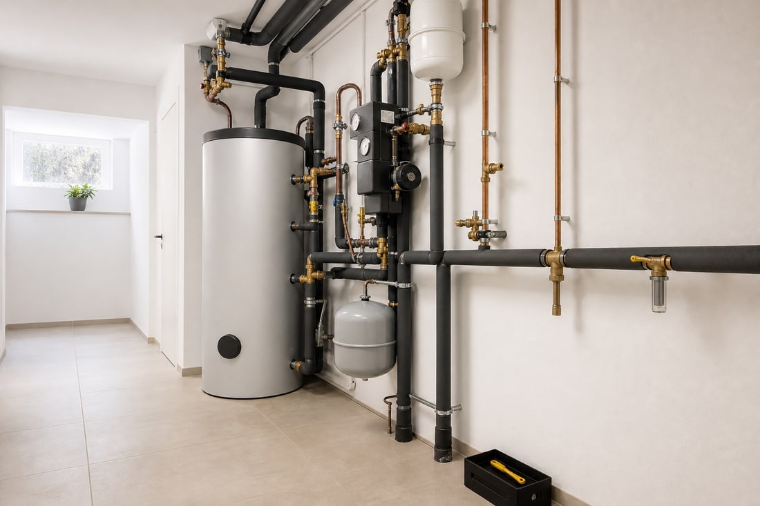 Geordnete Warmwasser- und Zirkulationsinstallation in einem hellen Technikraum