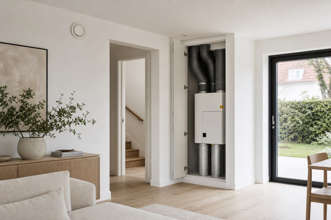 Dezent integrierte Wohnraumlüftung mit zugänglichem Lüftungsgerät in einem hellen Wohnraum